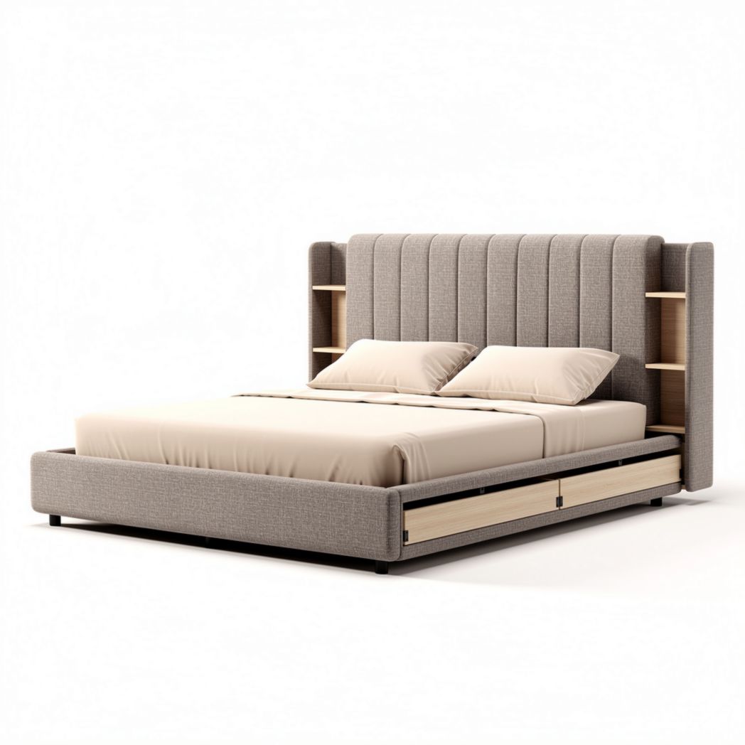 Letto matrimoniale grigio con testata imbottita e contenitore 210 x 160 x 100cm