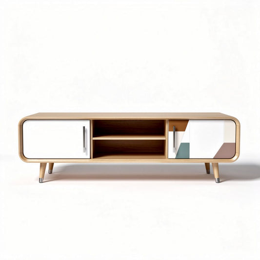 Mobile porta TV in legno 150 x 40 x 50cm con ante bianche e decorative colorate