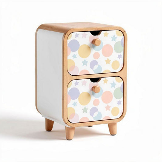 Comò in legno con due cassetti decorati a pois e stelle dimensioni 30 x 25 x 40cm
