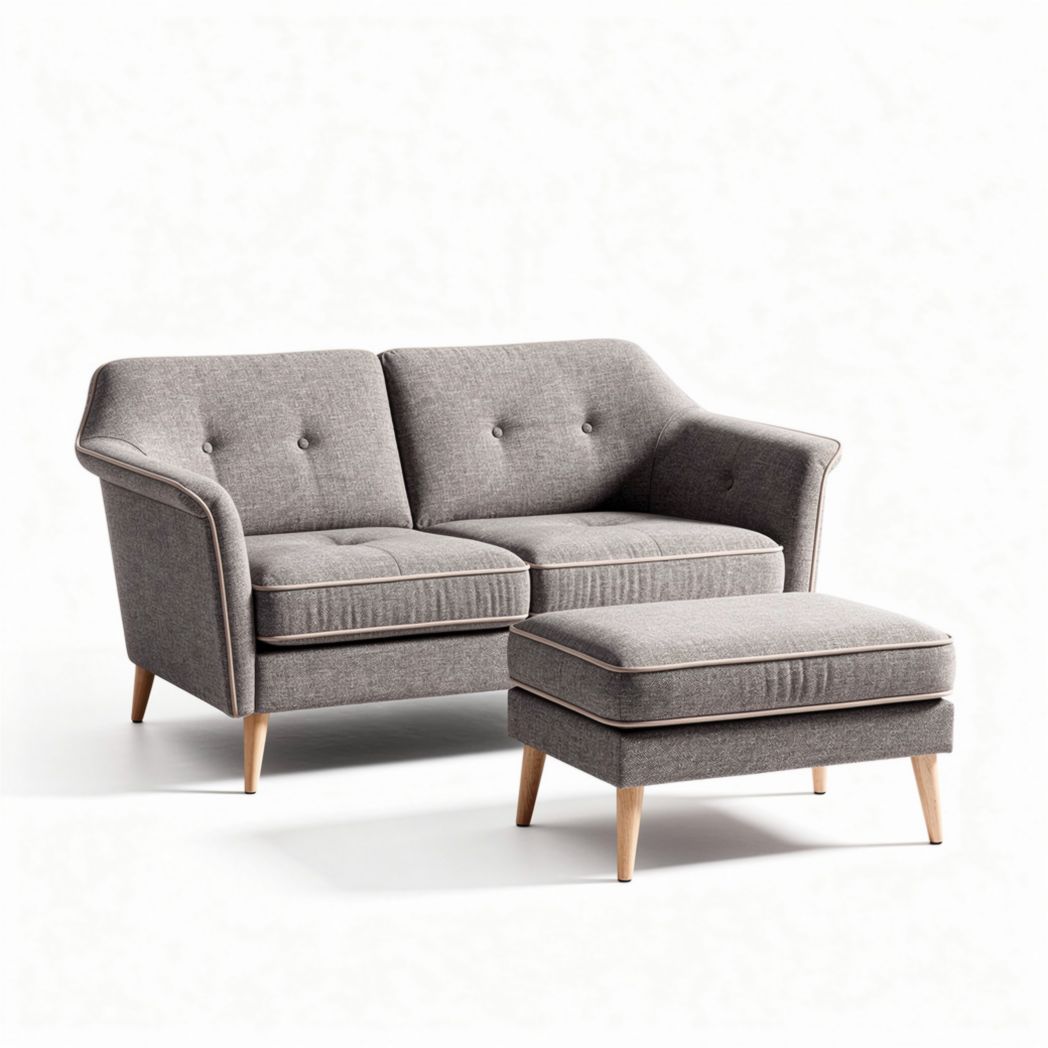 Divano grigio con pouf in tessuto e gambe in legno 150 x 80 x 75cm