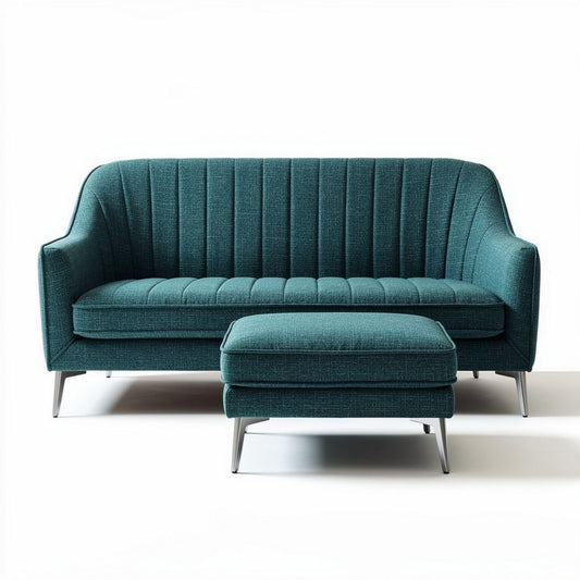 Divano in tessuto teal con poggiapiedi dimensioni 180 x 85 x 75cm